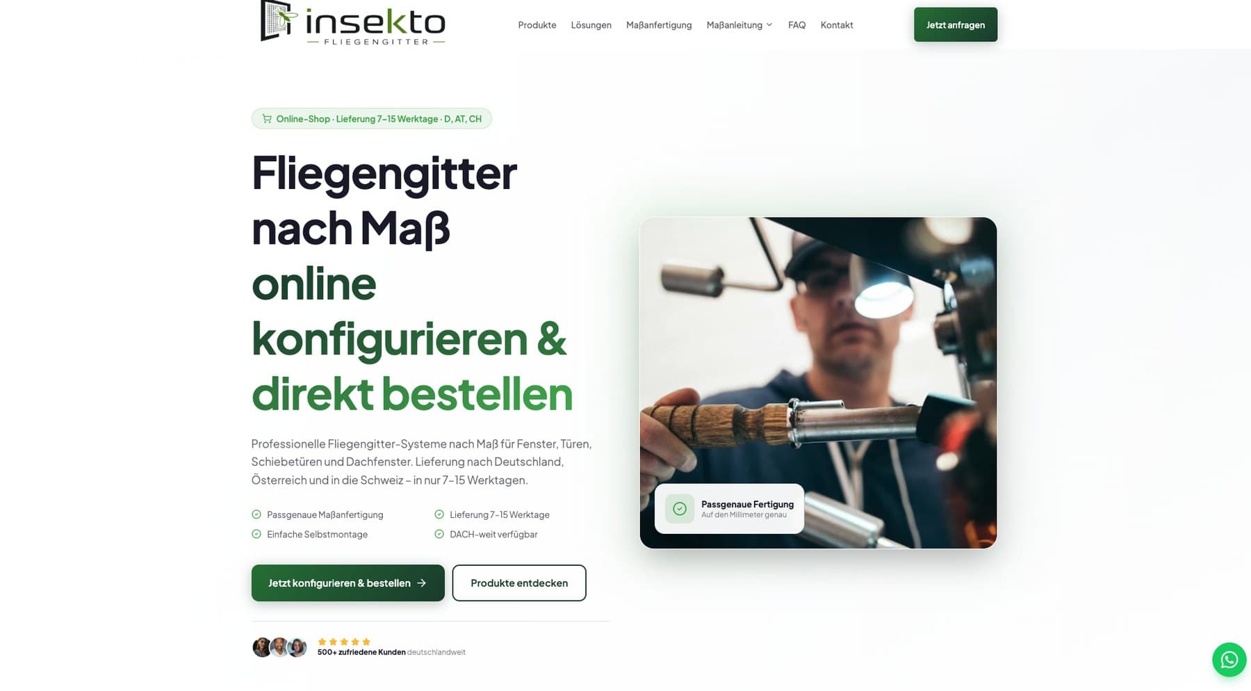 insekto Fliegengitter: öffentliche Startseite mit dem Angebot, Fliegengitter nach Maß online zu konfigurieren und direkt zu bestellen.