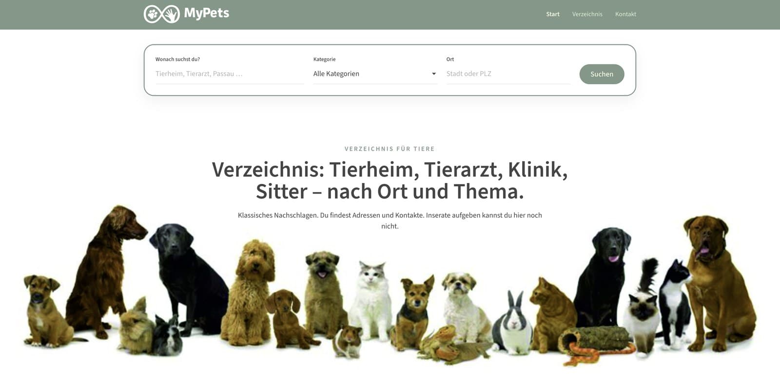 MyPets: öffentliche Startseite mit Suche und dem Verzeichnis für Tierheim, Tierarzt, Klinik und Sitter.